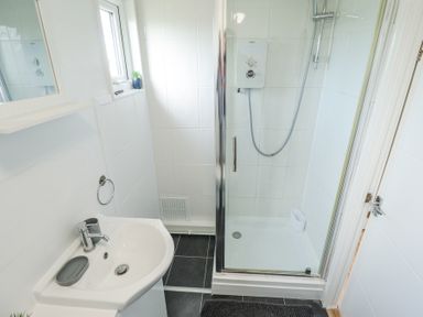 A bathroom with a sink and a shower enclosure at 68 Cherry Park Chapel St Leonards