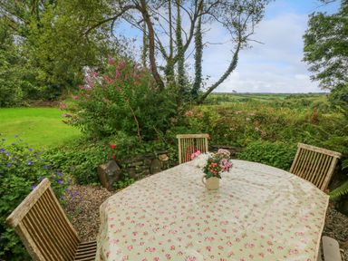An outdoor garden area with a table covered by a floral tablecloth and wooden chairs surrounded by plants and flowers at 2 Summerhill in Letterston