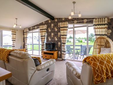 A living room with leather sofas a TV on a wooden stand striped curtains and a garden view at Owls Retreat Lodge 11 Near Aldeburgh
