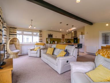 An open plan living room and kitchen with white leather sofas yellow cushions a wicker chair and kitchen cabinets at Owls Retreat Lodge 11 Near Aldeburgh