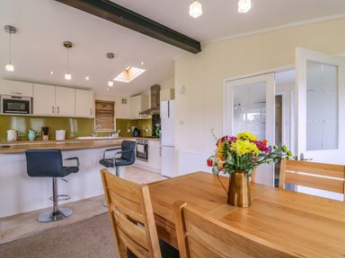 A kitchen and dining area with wooden table and chairs and a flower vase at Owls Retreat Lodge 11 Near Aldeburgh