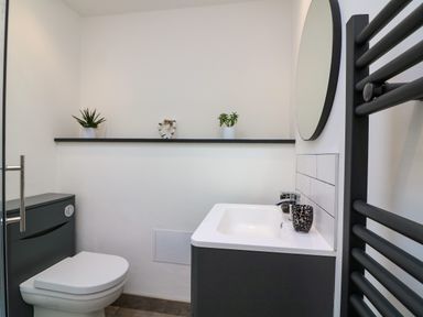 A bathroom with a toilet sink mirror and shelf with plants at 3 Palms in Preston Sands