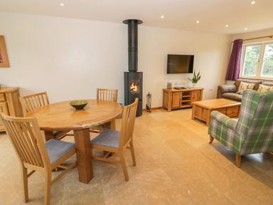 A dining table with four chairs next to a wood burning stove and a living area with a sofa a green armchair a coffee table and a TV at Lavender Cottage in Oxhill near Tysoe