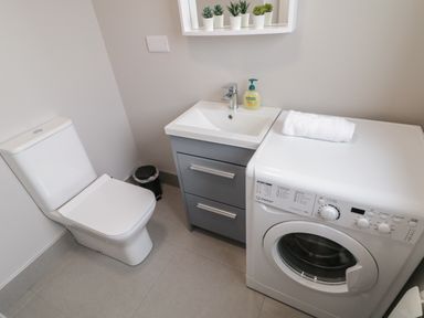 A toilet next to a sink with soap and a washing machine with a towel on top at ARD NA GHAOITHE in Loughanure County Donegal