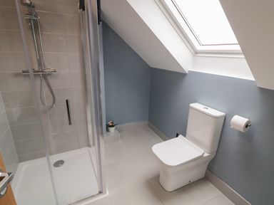 A bathroom with a shower enclosure a toilet and a skylight window at ARD NA GHAOITHE in Loughanure County Donegal