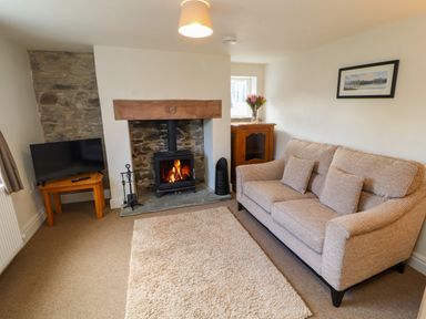A living room with sofa a rug a fireplace and a television at Holborn Cottage Blencathra Street Keswick