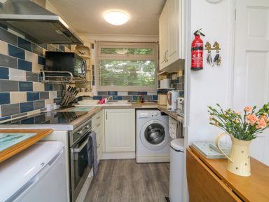 A kitchen with an oven stove washing machine microwave and flowers on a table at 4 The Park in Kilkhampton