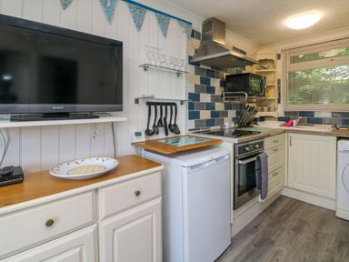A kitchen with white cabinets stove microwave and a television on a wooden counter at 4 The Park in Kilkhampton