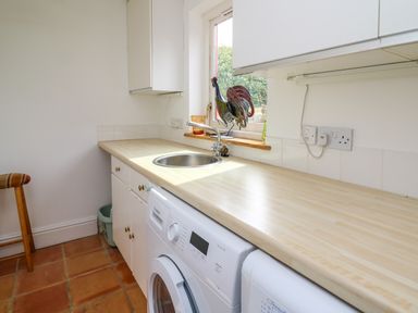 A utility room with a washing machine a countertop a sink and a window with rooster decoration at West Dairy near Newport Pembrokeshire