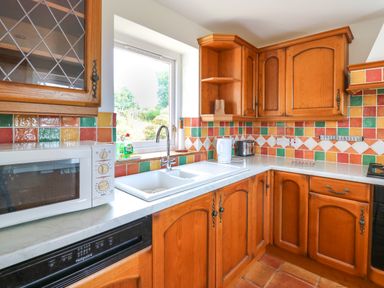 A kitchen with wooden cabinets a white microwave a sink under a window and colorful tiled backsplash at West Dairy near Newport Pembrokeshire
