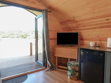 An open door leading to a wooden deck beside a TV on a wooden stand and a mini fridge in a wooden room at Paradise Kenstone near Hodnet