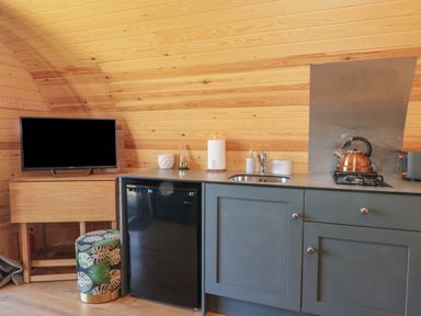 A small kitchen area with a black mini fridge a countertop with a sink a kettle on a stove and a television on a wooden table at Paradise Kenstone near Hodnet