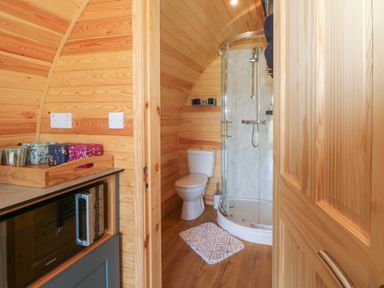 A small bathroom with a toilet and a glass shower cubicle next to a wooden kitchenette with a microwave and a tray of mugs at Paradise Kenstone near Hodnet