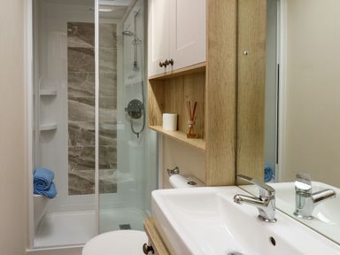 A bathroom with a sink, a mirror, a glass-enclosed shower with stone-look tiles, a blue towel, and a wooden cabinet holding a toilet paper roll and a reed diffuser at Osprey 6 Kiln Park Tenby