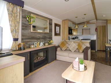 A living room with a sofa and cushions a fireplace and a kitchen area in the background at Osprey 7 in Tenby