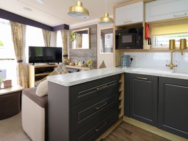 A kitchen area with dark cabinets and marble countertop next to a living room with a sofa and television at Osprey 7 in Tenby