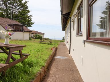 A side yard with picnic tables and flowers outside houses at Seaweed Weston near Sidmouth