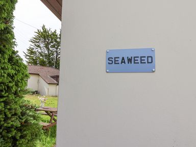 A building wall with a seaweed sign and a garden with trees and a wooden picnic table with flowers at Seaweed Weston near Sidmouth