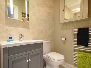 A bathroom with a toilet a sink with a cabinet a mirror a towel rack with towels at East Farm Croft in Embleton