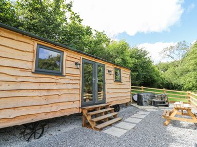 A wooden hut on wheels with steps leading to double doors a picnic table and a hot tub outside surrounded by trees at Shepherd's Cwtch in Cilycwm near Llandovery