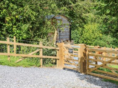A wooden gate and fence at the entrance to a wooded area with a small wooden structure behind the trees at Shepherds Cwtch in Cilycwm near Llandovery