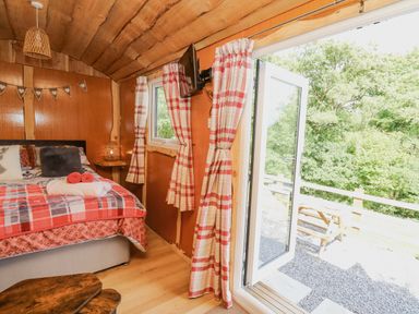 A bedroom with a bed a wall-mounted tv plaid curtains and an open door leading outside at Shepherd's Cwtch in Cilycwm near Llandovery