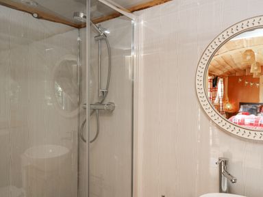 A bathroom with a shower enclosure a round mirror and a view of a bedroom reflected in the mirror at Shepherd's Cwtch in Cilycwm near Llandovery