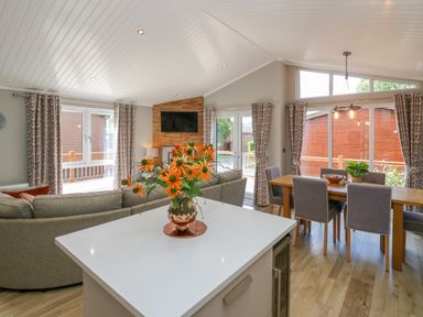 A living area with a sofa and a television mounted on a wooden accent wall and a dining table with chairs at Waterside Lodge 55A Bowness White Cross Bay near Windermere
