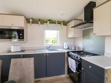 A kitchen with a microwave, toaster, kettle, stove, sink, and cabinets at Peacock Lodge in Swannington near Coalville