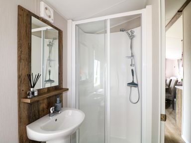 A bathroom with a shower cubicle a sink with a mirror and a diffuser at Peacock Lodge in Swannington near Coalville
