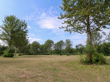An open field with trees and grass under a partly cloudy sky at Peacock Lodge in Swannington near Coalville