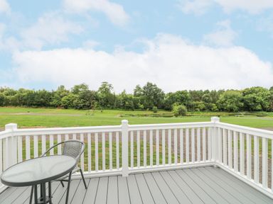 A patio with a table and chair overlooking a grassy area with trees at Peacock Lodge in Swannington near Coalville