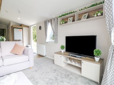A living room with a television on a cabinet and a sofa with a pillow at Stork Lodge in Swannington near Coalville