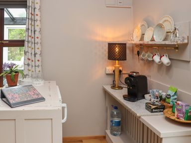 A small kitchen area with a coffee machine cups plates a lamp and a water bottle at Pink Granite Garden of Ireland near Tinahely County Wicklow