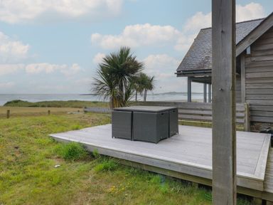 An outdoor wooden deck with rattan furniture near a grassy area a palm tree and the sea at Dunes in Rhosneigr