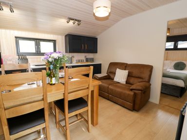 A dining area with wooden table and chairs next to a brown sofa and kitchen cabinets in Enia Lodge 2 Llanelidan near Corwen