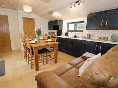 A kitchen and dining area with wooden table and chairs black cabinets and a brown sofa at Enia Lodge 2 Llanelidan near Corwen