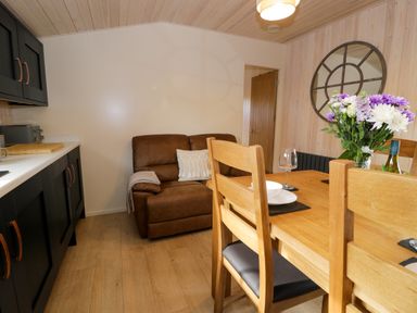 A kitchen and dining area with wooden chairs and table a brown loveseat and flowers in a vase at Enia Lodge 2 Llanelidan near Corwen