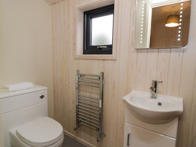 A bathroom with a toilet a sink a mirror a towel rack and a small window at Enia Lodge 2 Llanelidan near Corwen