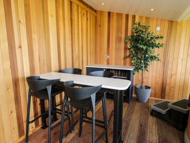 A dining area with a table and four chairs next to a cabinet and a potted plant at Enia Lodge 2 Llanelidan near Corwen