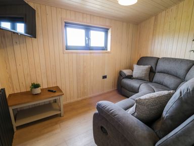 A small sitting room with grey recliner sofas a wooden side table with a plant and remote control a wall-mounted tv and a window at Math Lodge 3 Llanelidan near Corwen