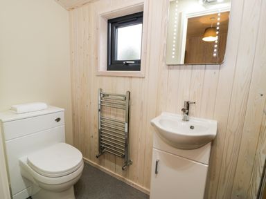 A bathroom with a white toilet a sink with cabinet a mirror towel rack and a small window at Math Lodge 3 Llanelidan near Corwen