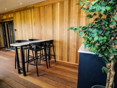 A room with wooden walls and floor featuring a tall table with black high chairs and a green leafy plant on a counter at Math Lodge 3 in Llanelidan near Corwen