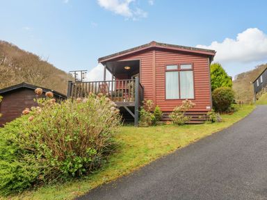 A wooden cabin with a porch and shrubs beside a paved road at 22 Two Little Ducks in Lynton
