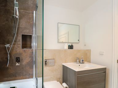 A bathroom with a shower area a mirror above a sink and a toilet at Amelias Point in St Ives