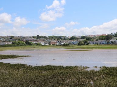 A coastal town with houses near a tidal flat under a blue sky at Amelias Point in St Ives
