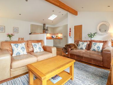 A living room with two brown sofas, a wooden coffee table, a kitchen area, and a rug at 10 Water's Edge in Lanreath