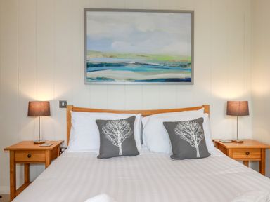 A bedroom with a wooden bed frame white pillows two grey cushions with tree design two wooden bedside tables with lamps and a painting above the bed at 10 Waters Edge in Lanreath
