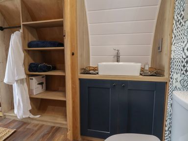 A bathroom with a wooden shelf holding towels and a hairdryer next to a sink with blue cabinets at Rhosydd in Cyffylliog near Ruthin