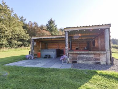 A wooden outdoor shelter with a hot tub and seating area surrounded by grass and trees at Rhosydd in Cyffylliog near Ruthin
